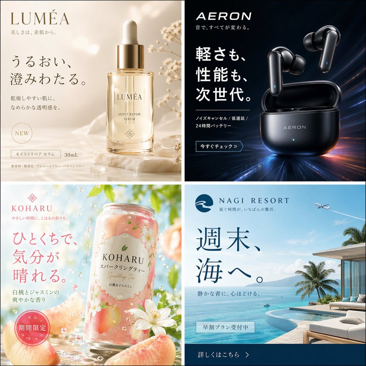 Ready-to-edit four-panel Japanese advertising collage image prompt.