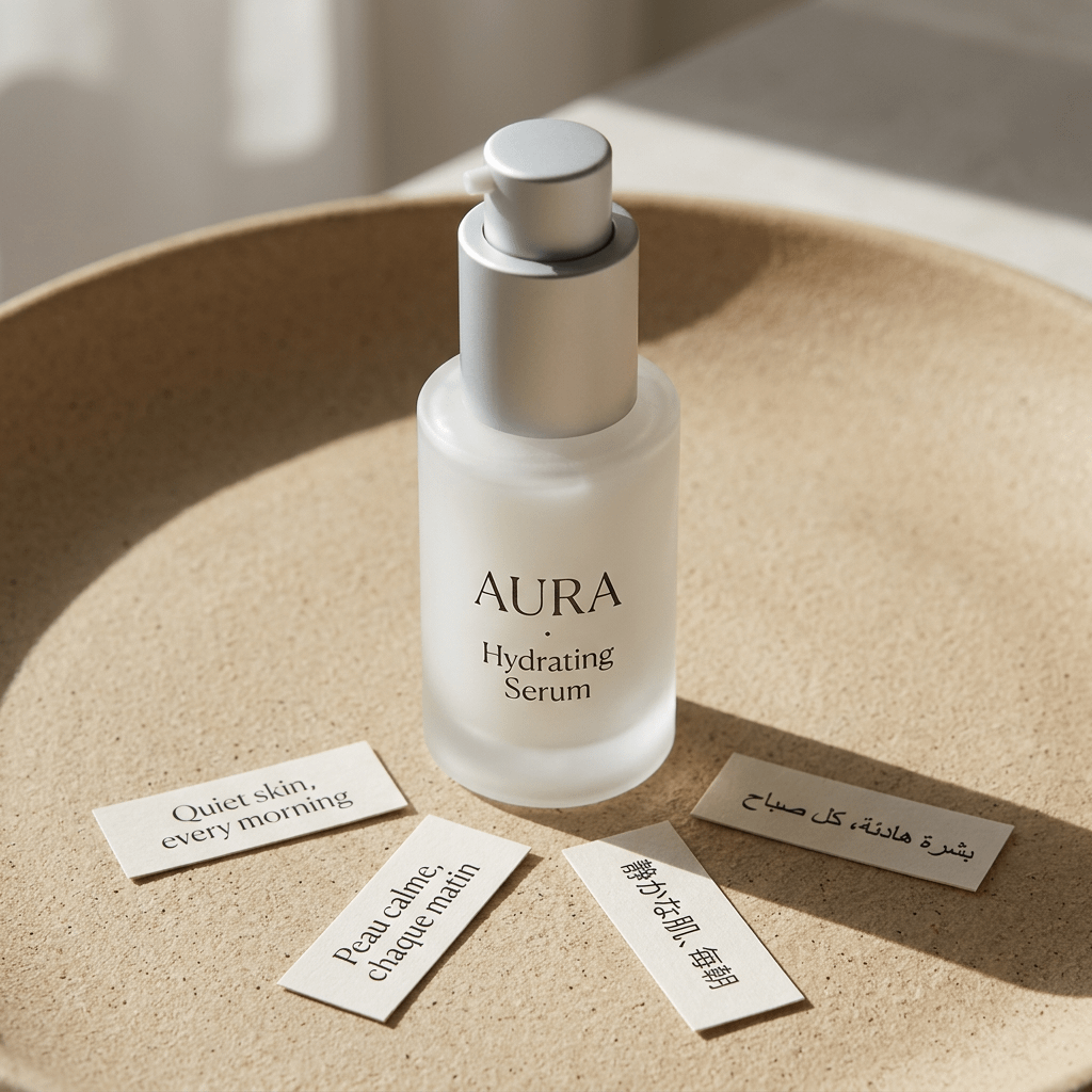 A minimalist luxury skincare product photograph of a frosted glass serum bottle standing upright at the center of a large shallow beige ceramic tray with a slightly raised rim. The bottle...