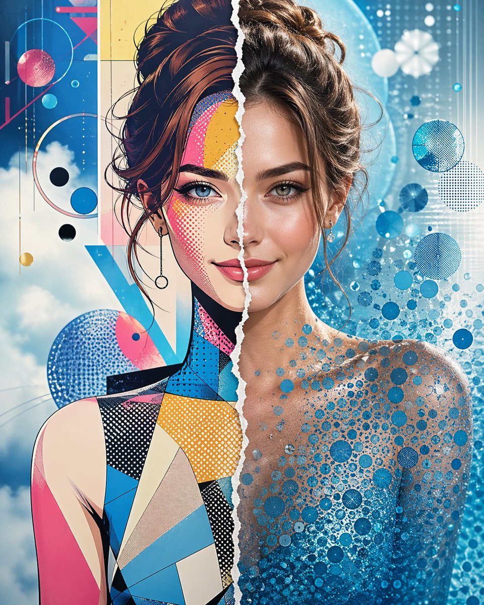 The painting contains only one face: that of an elegant young female model with little grin. The line that runs from her hair parting to seamlessly split her face in half is designed to l...