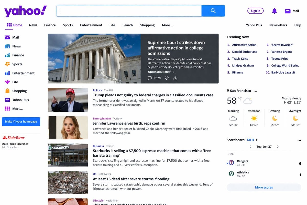 Screenshot of the Yahoo homepage.