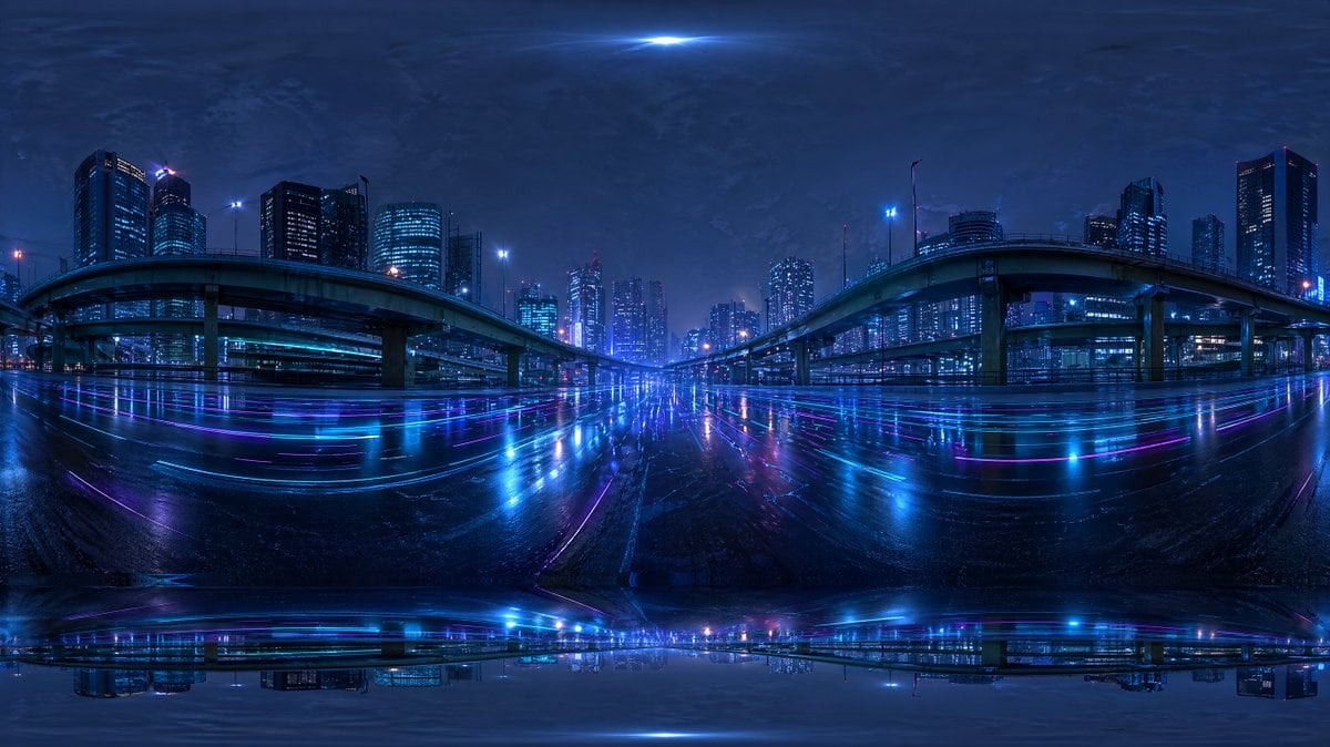 Create a seamless-looking 360-degree equirectangular HDRI environment map of a futuristic urban expressway at night, viewed from the middle of a wide wet roadway beneath elevated highways...