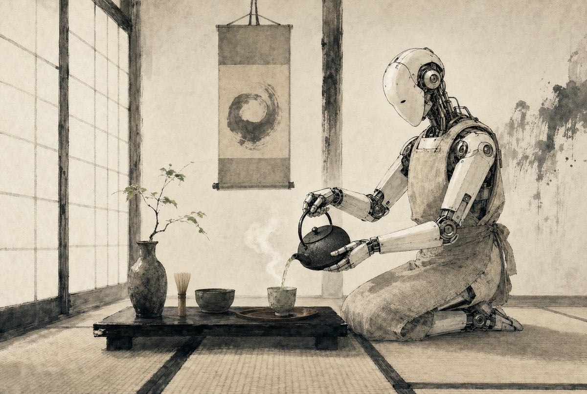 A serene Japanese tea room rendered as a refined monochrome ink-and-wash illustration on aged parchment, with soft sepia-gray tones, delicate brush textures, and precise hand-drawn linewo...