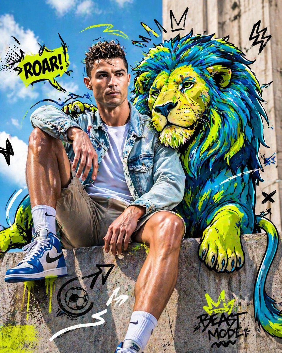 Full-body fashion editorial shot of a confident young person model sitting casually on a concrete ledge, legs slightly apart, one arm resting on knee, the other relaxed, looking straight...