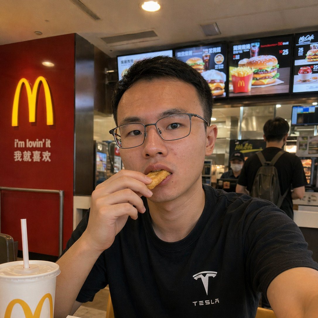 A highly realistic casual smartphone selfie taken indoors at a McDonald's restaurant in Asia, framed as a chest-up portrait of a young man seated at a table. The camera is held slightly a...