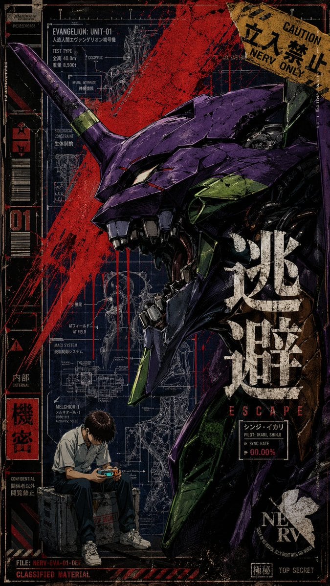 A gritty vertical anime-mecha poster in distressed screen-print style, inspired by retro military dossiers and Evangelion key art. The main subject is a massive close-up side profile of E...