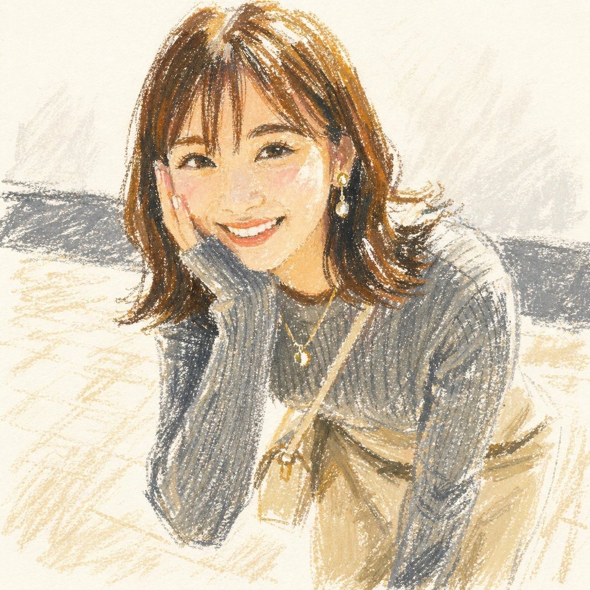 This prompt generates a cozy, stylish oil pastel portrait of a seated young woman, ideal for social-media art, avatar-style illustrations, or warm handmade editorial imagery.