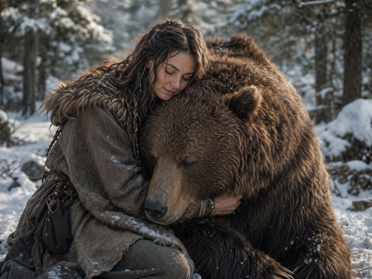 A cinematic, photorealistic shot of a young woman with long wavy brown hair with small braids wearing rustic, heavy brown historical garments with fur trim and leather pouches. She is kne...