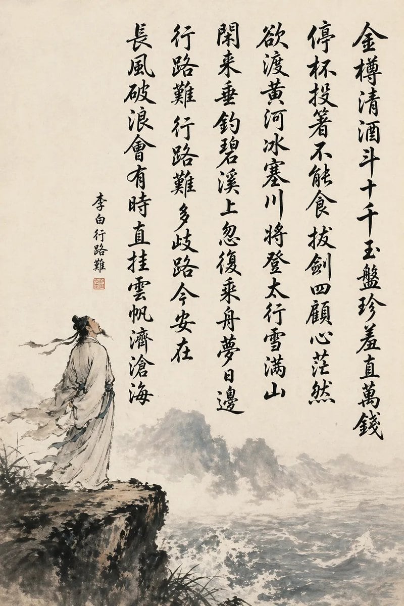 A traditional Chinese ink wash hanging-scroll style painting on warm off-white rice paper, vertically composed with large black brush-calligraphy occupying the upper and right-central are...