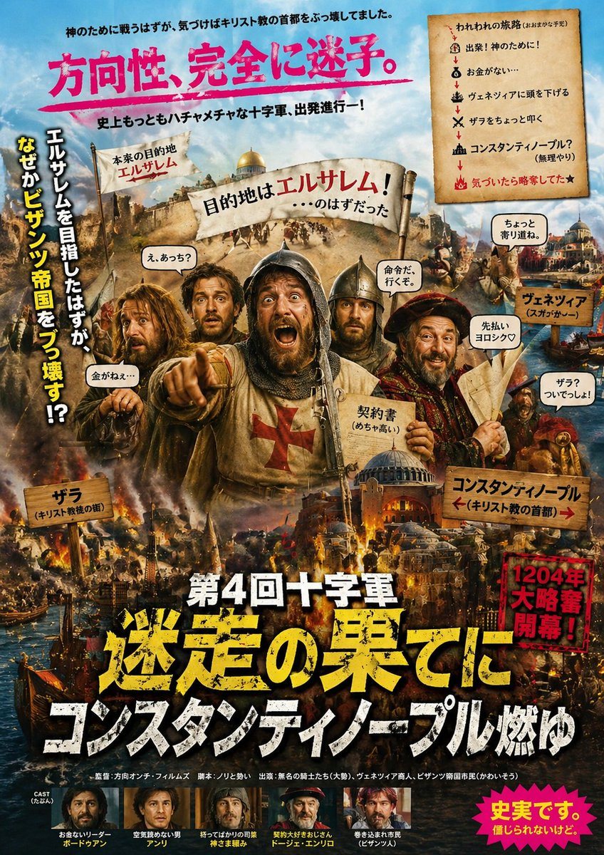 一张内容丰富的日式伪电影海报，幽默地戏剧化了第四次十字军东征迷路并攻击君士坦丁堡的历史事件，非常适合讽刺性的世界历史视觉呈现。