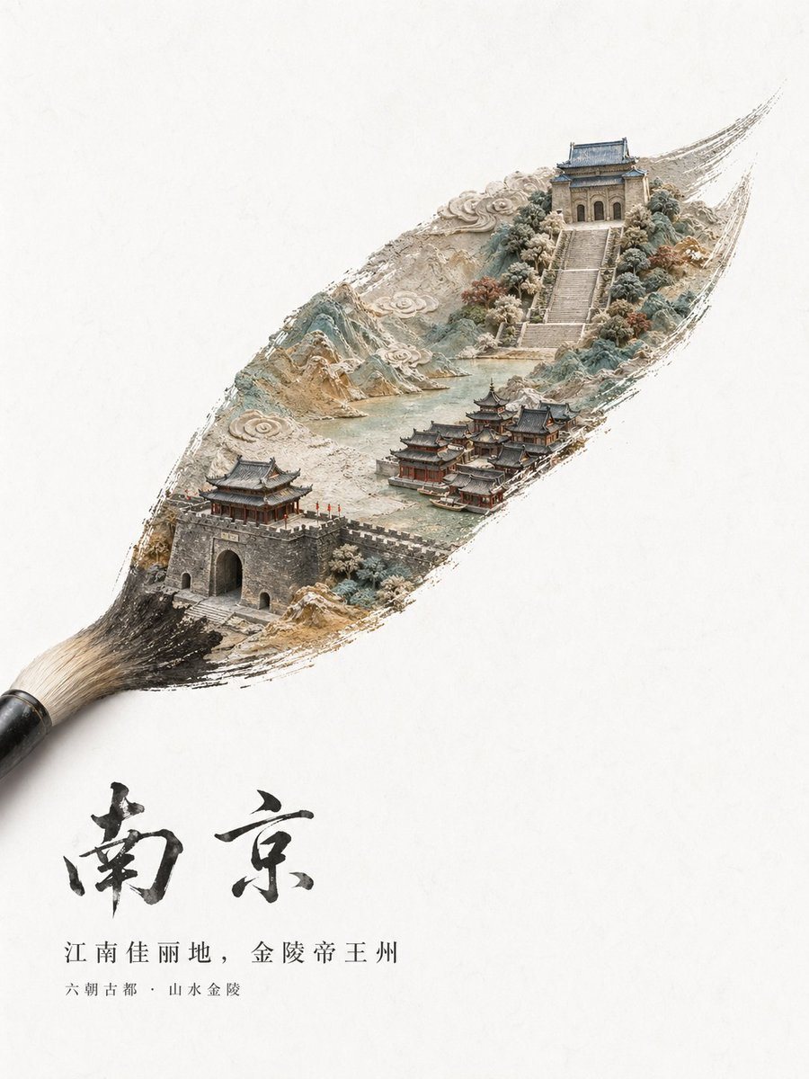 A minimalist high-end Chinese city tourism poster on an off-white textured paper background with vast negative space. A traditional calligraphy brush enters from the lower left corner, an...