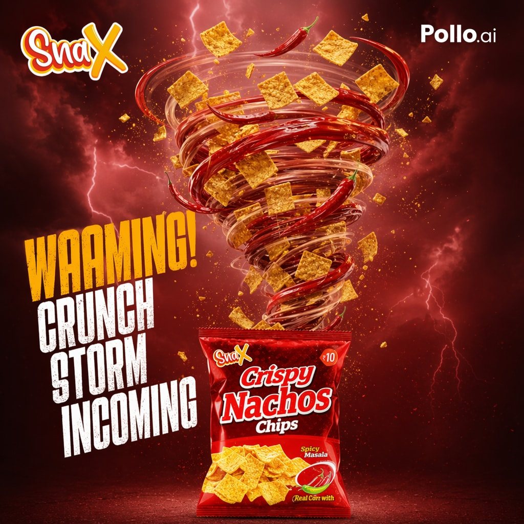 Create a dramatic square commercial poster for a spicy snack brand, with a fiery red storm atmosphere and high-energy food advertising style. The background is a dark crimson sky filled w...