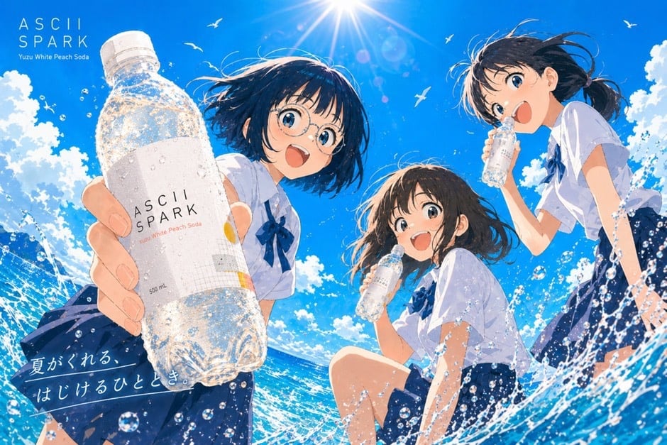 This prompt generates a polished anime-style Japanese beverage advertisement poster featuring 3 schoolgirls, a sparkling soda bottle, and a vivid seaside summer atmosphere for commercial key art or mock branding.