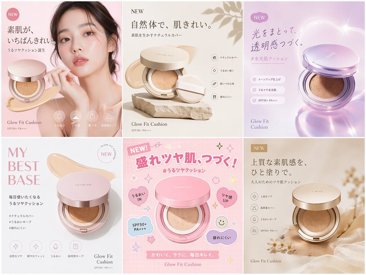 A 2x3 grid of cosmetic advertisement banners showcasing different visual styles and marketing copy for a cushion foundation.