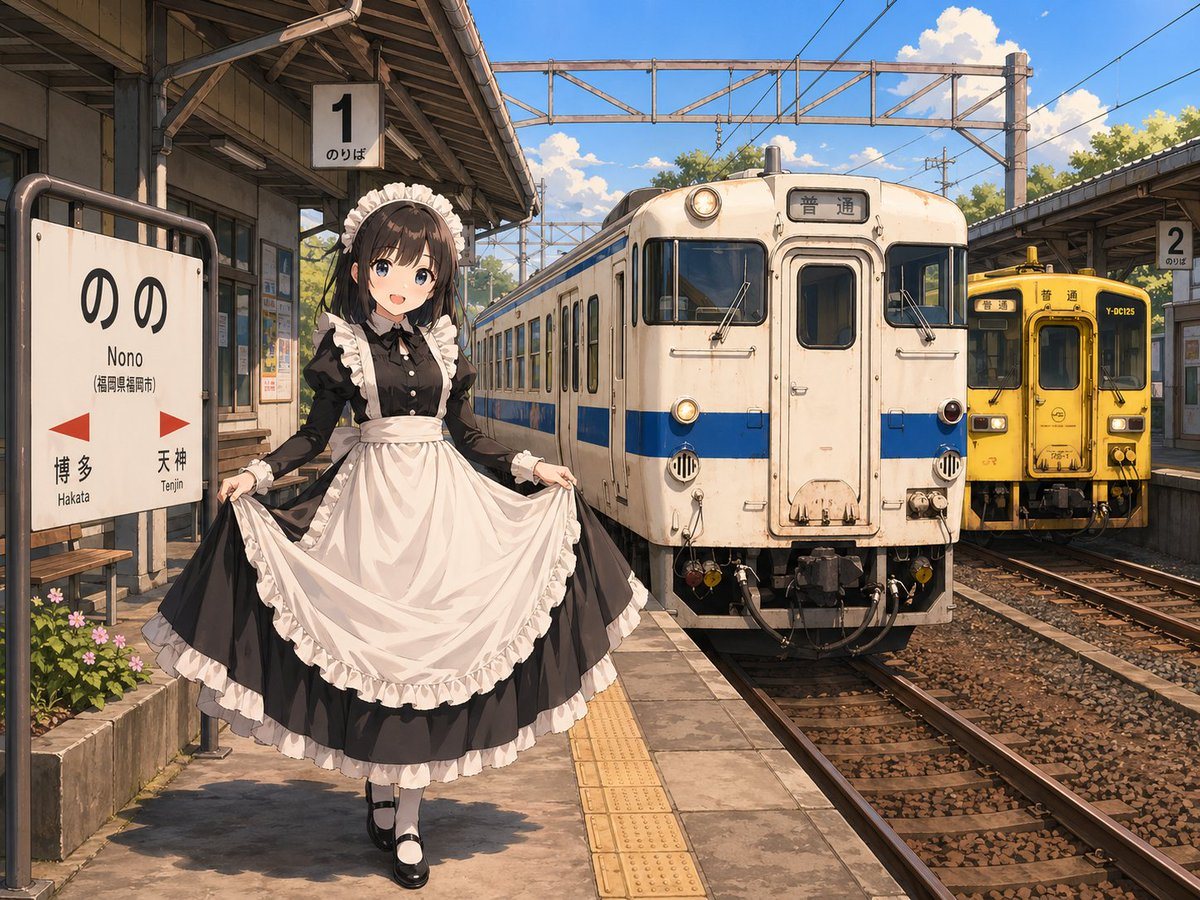 A highly detailed anime-style illustration of a quiet rural Japanese train station platform in bright summer daylight, with a full-body young woman in the foreground wearing a classic bla...