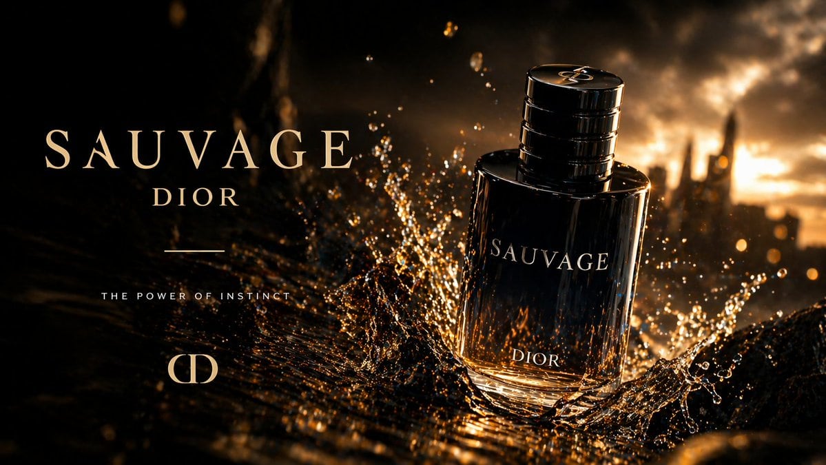 Create a luxury cinematic fragrance advertisement for a dark glass men's perfume bottle labeled DIOR and SAUVAGE. The composition is a widescreen premium product shot with the bottle plac...