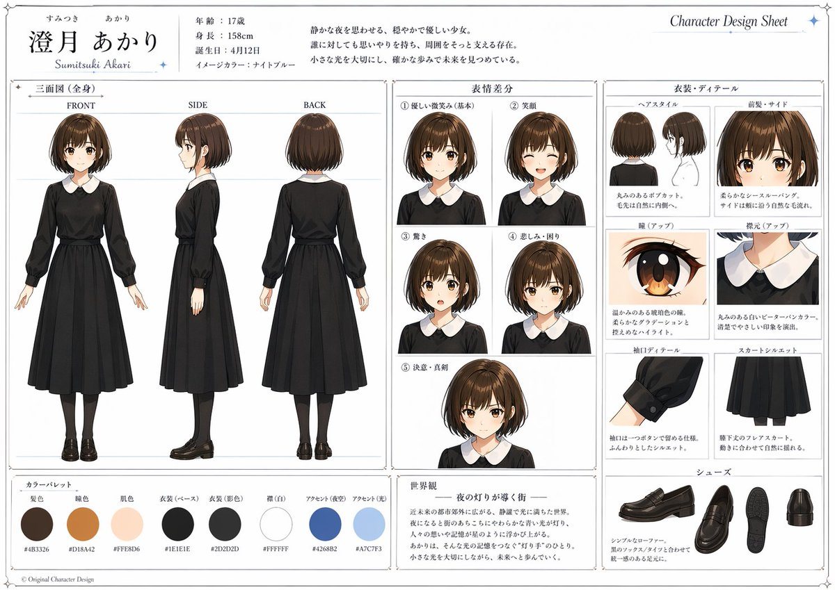 Ready-to-edit anime character design sheet image prompt.