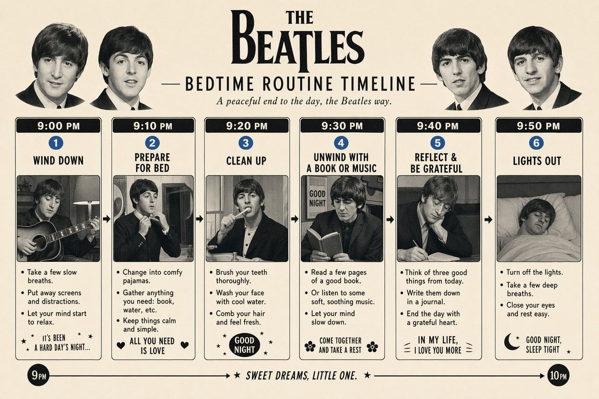 Make a detailed step by step timeline of a bed time routine from 9PM to 10PM, in the style of The Beatles