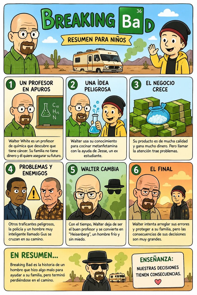 A colorful Spanish comic-style poster that retells Breaking Bad for children in six simple panels with a final moral, ideal for humorous educational or social media graphics.
