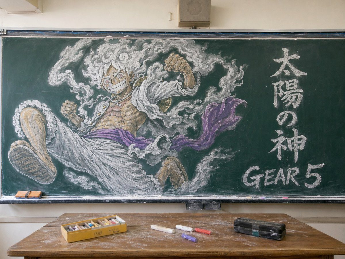 A photorealistic classroom interior centered on a large green chalkboard filled with an elaborate chalk mural of Monkey D. Luffy in Gear 5 from One Piece. The drawing dominates the board:...