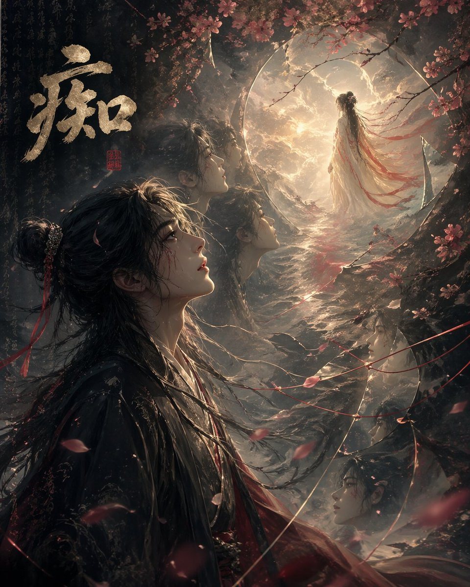A dark, cinematic Chinese fantasy illustration inspired by the single character 痴, rendered as a poetic xianxia scene. Vertical composition. In the left foreground, a solitary young man w...