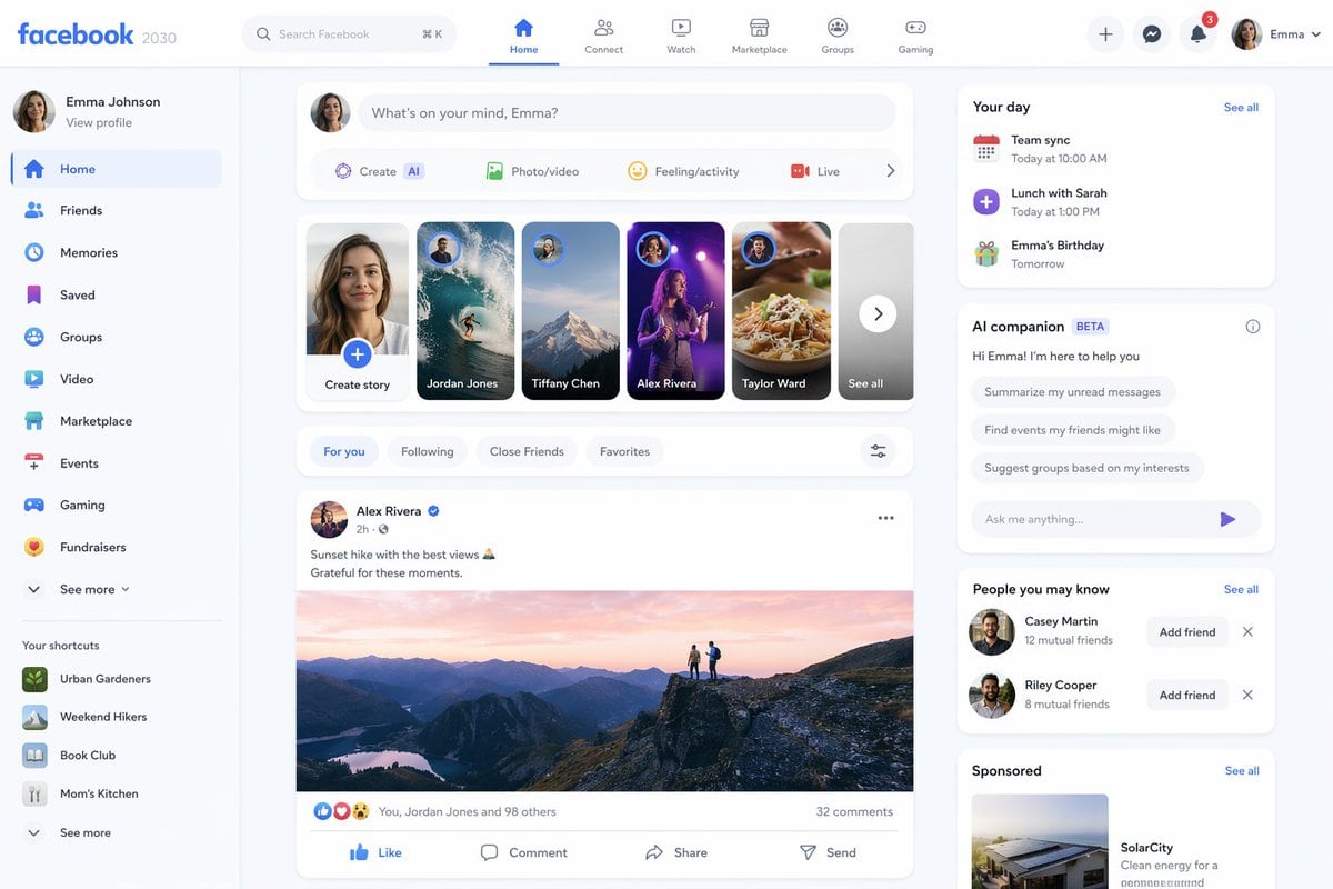 What will Facebook look like in 2030? Show me a screenshot.