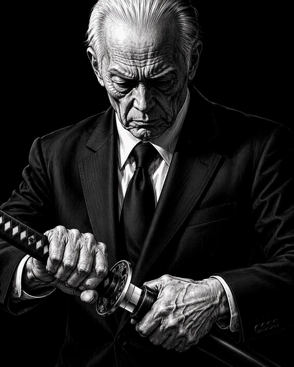 Generates a dramatic, high-contrast black-and-white illustration of an elderly man in a suit drawing a katana, suitable for manga or graphic novel concepts.