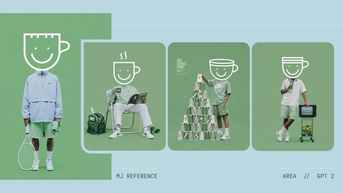 A clean editorial fashion concept board on a pale powder-blue background with a minimalist green monochrome palette, combining 4 full-body lifestyle photos of the same youth streetwear te...