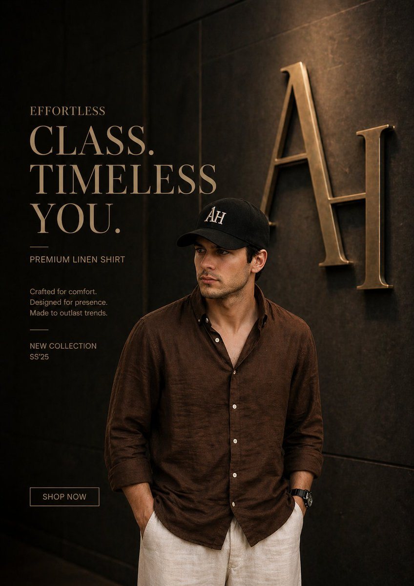 An extremely detailed prompt for a high-end fashion advertisement featuring a male model, specific clothing textures, and a metallic monogram background.