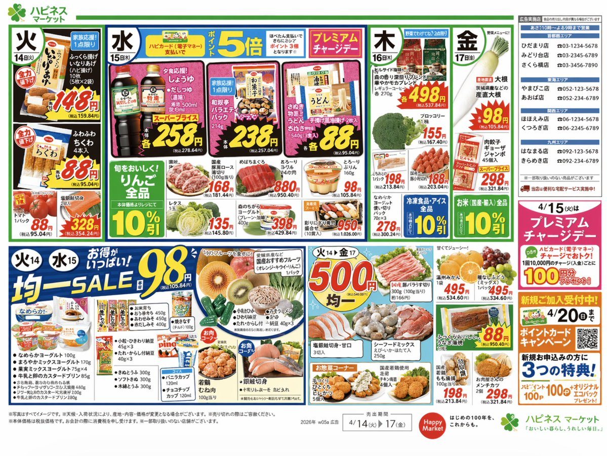 A highly detailed, dense Japanese grocery store circular featuring daily specials, uniform price sales, and realistic food photography.