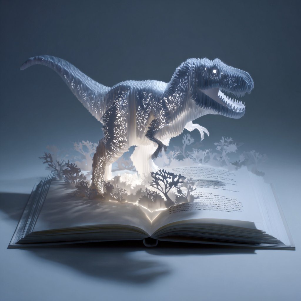 This prompt generates a cinematic product-style image of a glowing paper-engineered T-rex emerging from an open pop-up book, ideal for children's publishing or imaginative advertising visuals.