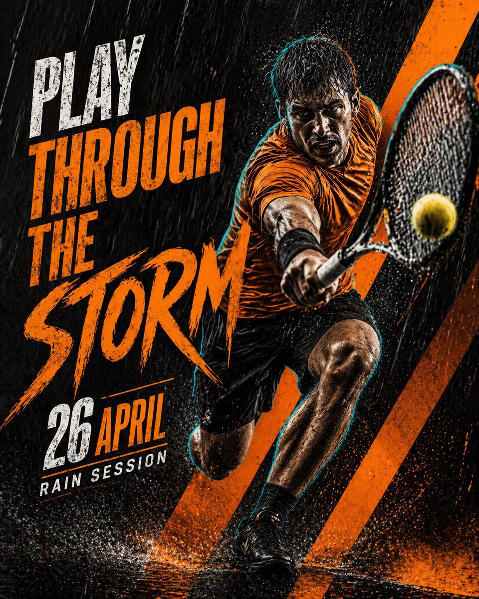 Create a premium cinematic tennis sports poster in a bold black and orange rainy theme. Show one athletic male tennis player in a powerful action pose, lunging forward during heavy rain,...