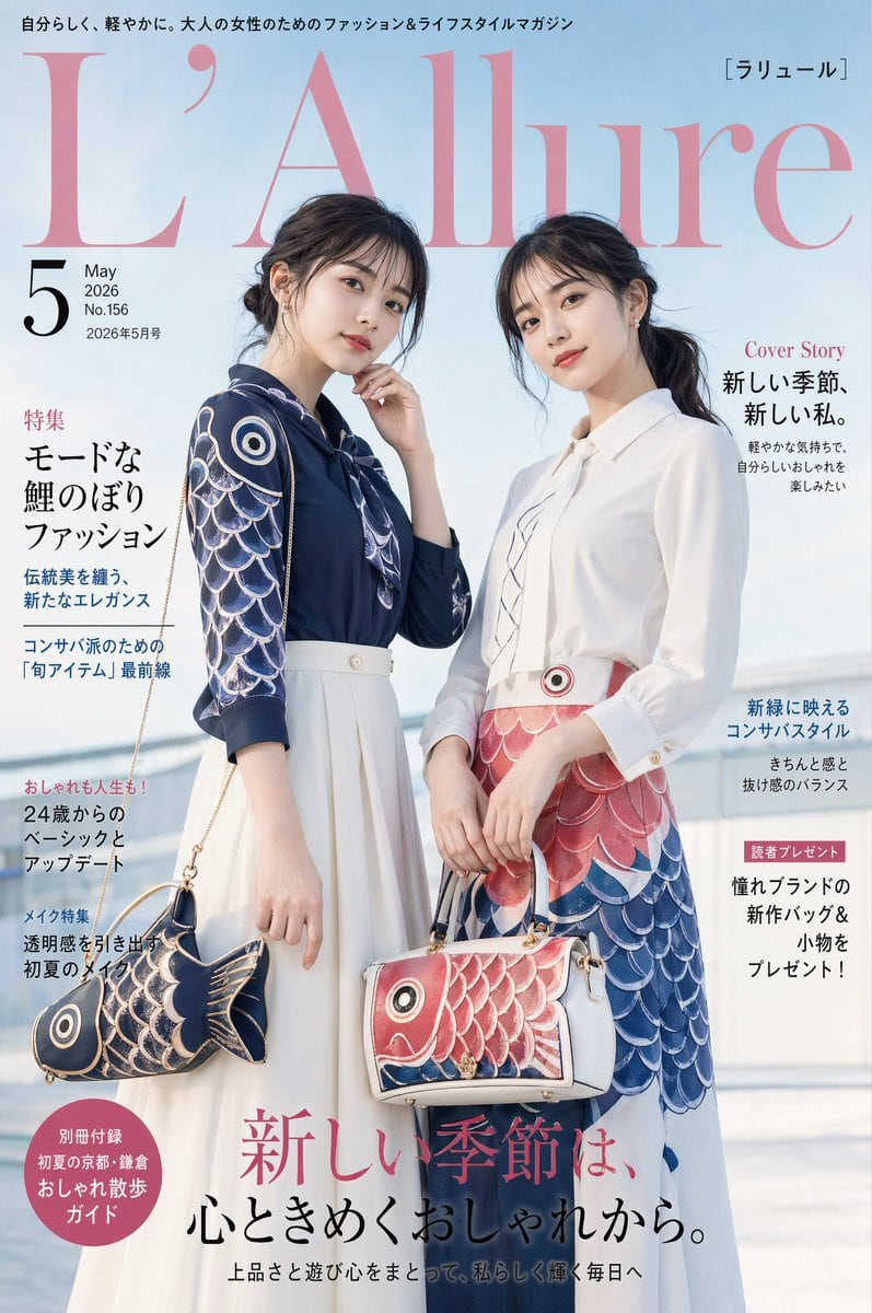 一本奢华的日本女性杂志封面,展示了两位身着鲤鱼旗灵感服饰的模特,非常适合编辑类时尚大片和杂志封面样稿。