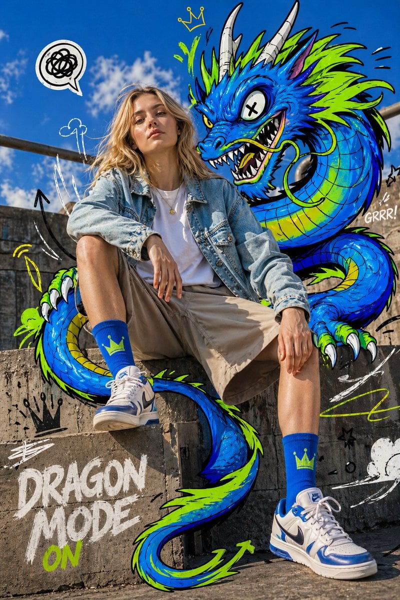 A creative fashion prompt that integrates photorealistic elements with illustrative cartoon doodles in an urban setting.