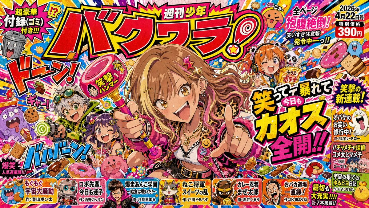 一张色彩鲜艳、充满恶搞感的漫画杂志封面，主角为辣妹风格少女，配有爆炸性的日文标题和密集的合集式预告插图，适用于漫画封面生成。