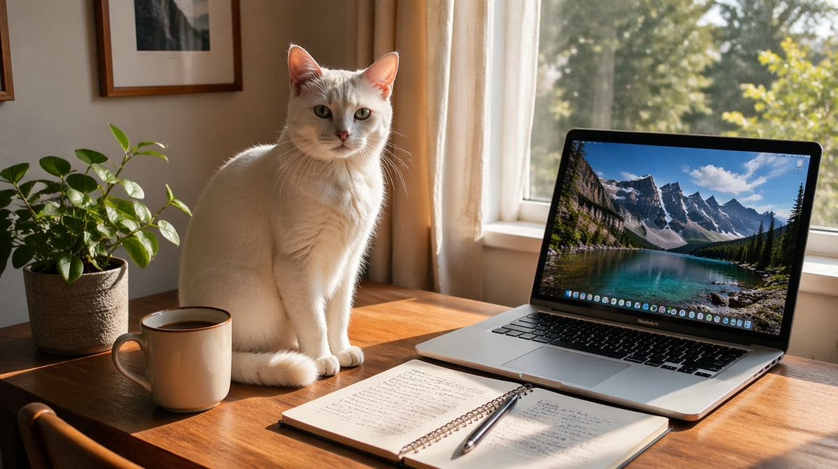 A cozy sunlit home office scene photographed in a realistic lifestyle style. A white short-haired cat with pale green eyes sits upright on a warm wooden desk near the center-left, facing...
