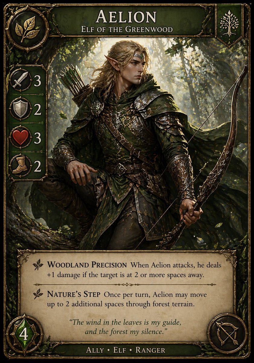 A highly detailed fantasy trading card in a premium collectible card game style, vertical layout with an ornate antique gold frame, dark emerald-green enamel panels, and intricate vine-an...