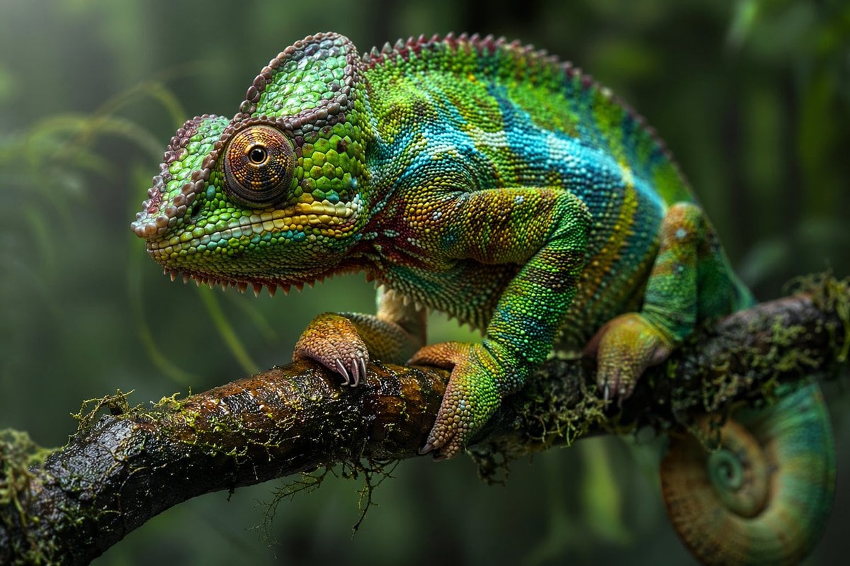 A hyper-realistic macro photograph of a vibrant chameleon resting on a mossy branch in a lush jungle. The reptile features intricate, textured scales in shades of bright green, electric b...