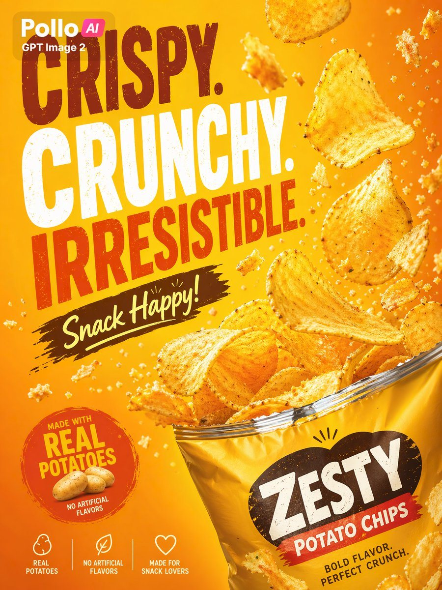 Create a bold, high-impact commercial poster for a bag of potato chips in a bright warm orange-to-golden-yellow gradient background, with a dynamic snack-advertising layout and crisp stud...