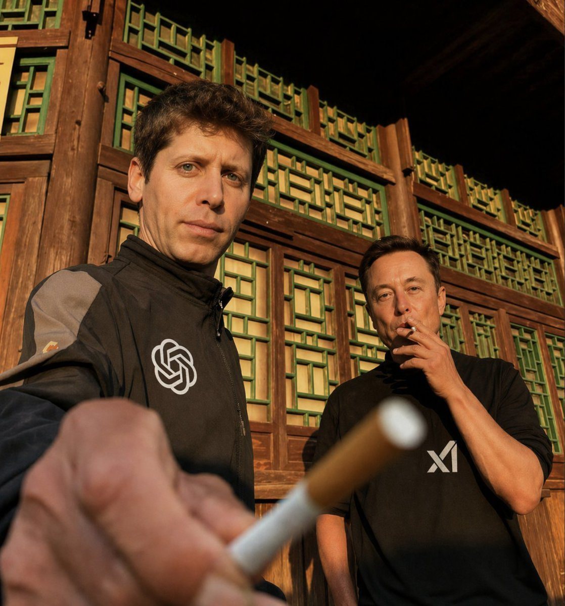 此提示词可生成一张写实风格的社论照片，展示两名身着品牌黑色服装的匿名男子站在传统木质建筑外的场景，适用于社会评论、讽刺作品或科技文化视觉内容。