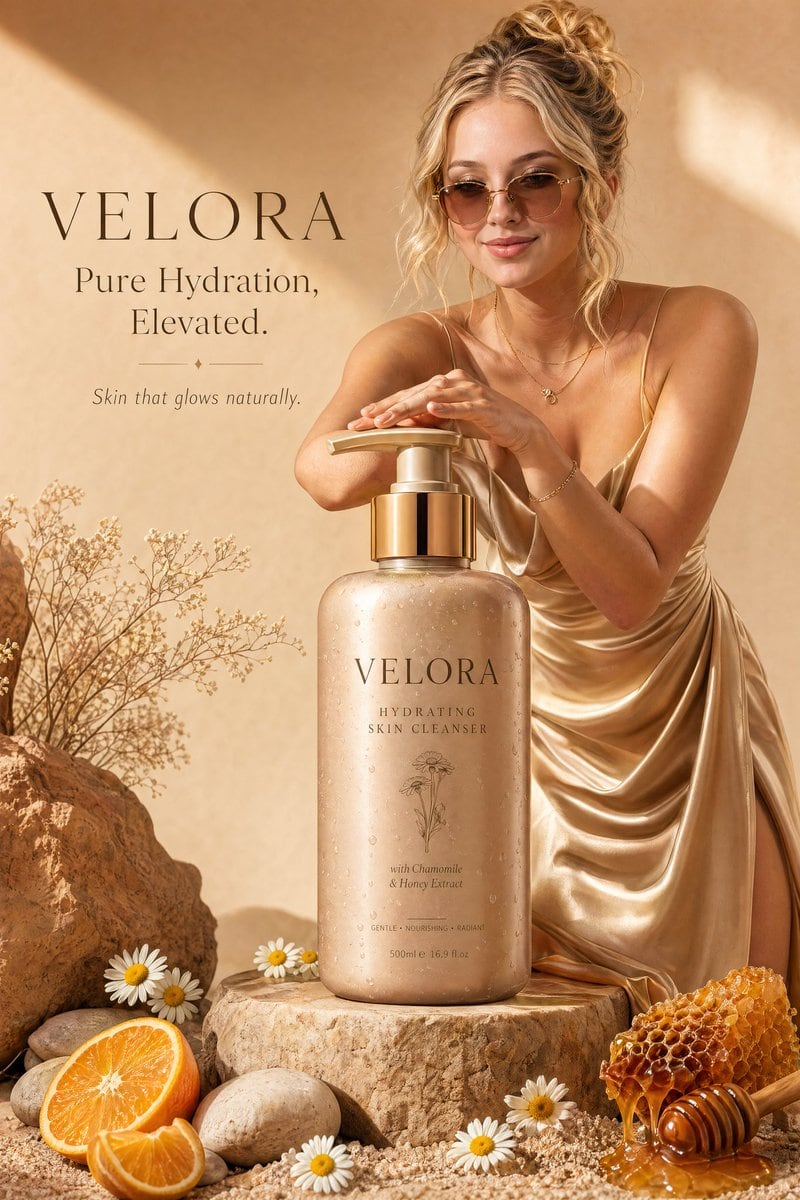 High-end luxury skincare advertisement featuring a giant, oversized bottle of 'VELORA Hydrating Skin Cleanser' standing approximately 3 feet tall on a premium stone pedestal. The bottle d...