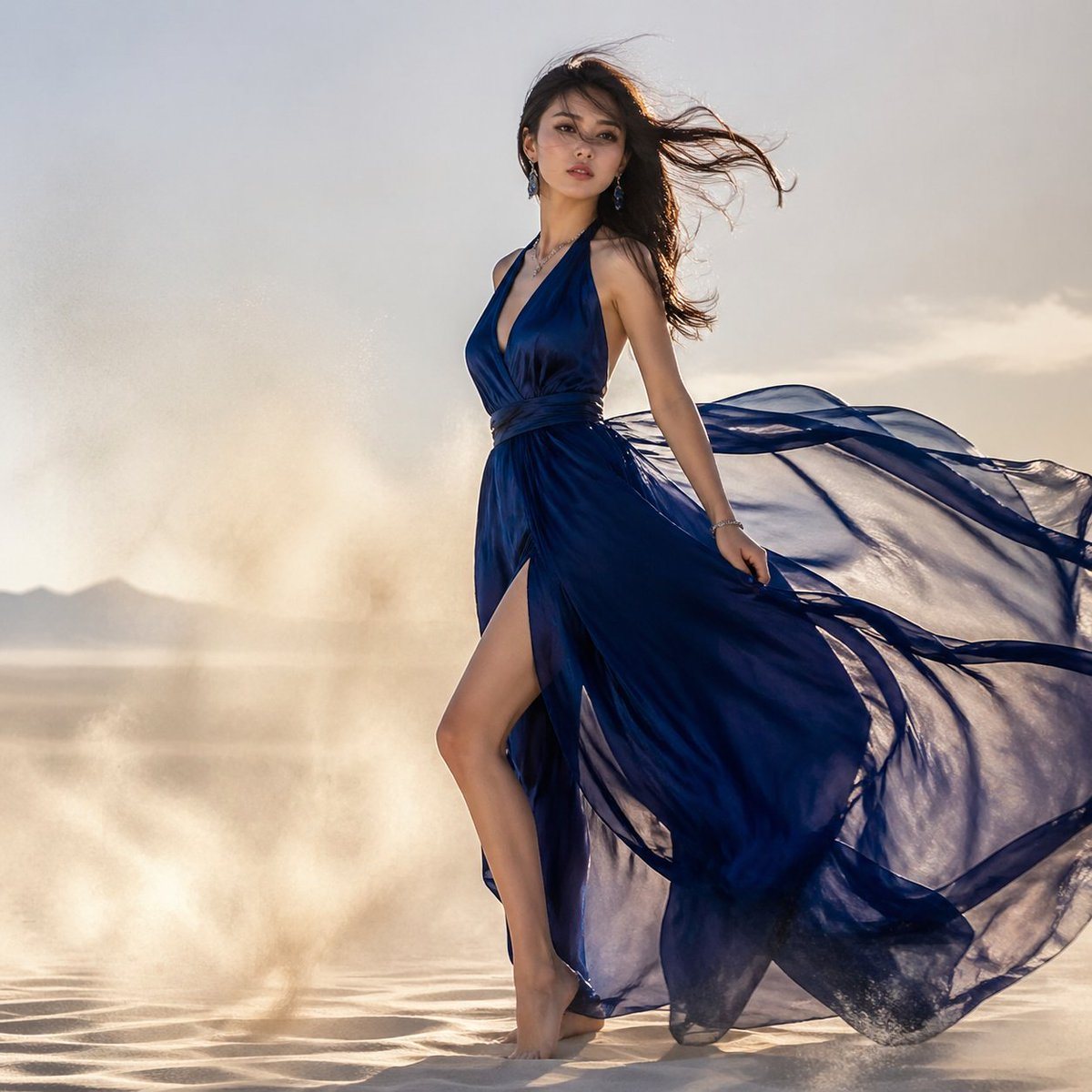 A high-fashion full-body editorial photograph of a barefoot woman standing and stepping forward on rippled desert sand, wearing a dramatic flowing deep sapphire blue chiffon gown with a p...
