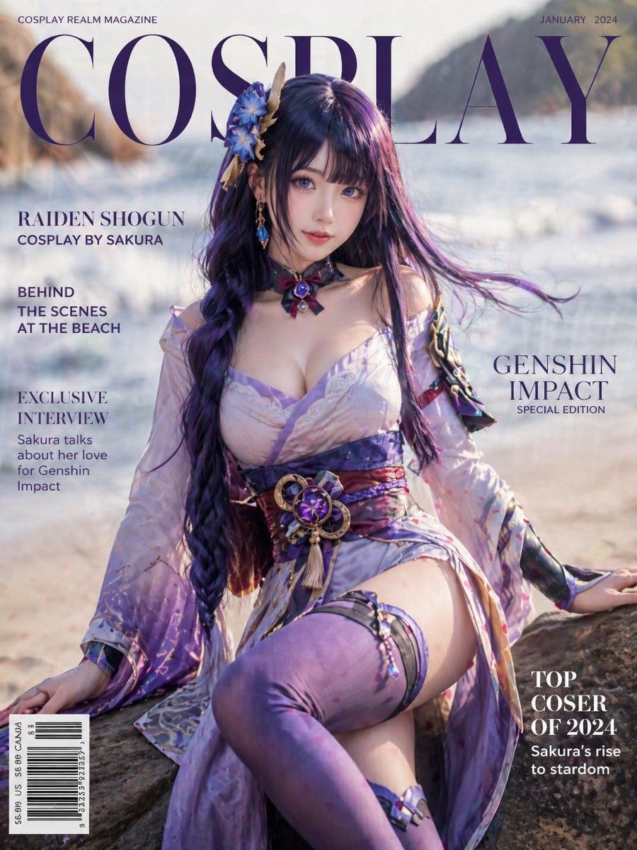 This generates a realistic fashion magazine cover featuring a Raiden Shogun-inspired beach cosplay portrait, ideal for editorial mockups and cosplay-themed cover art.