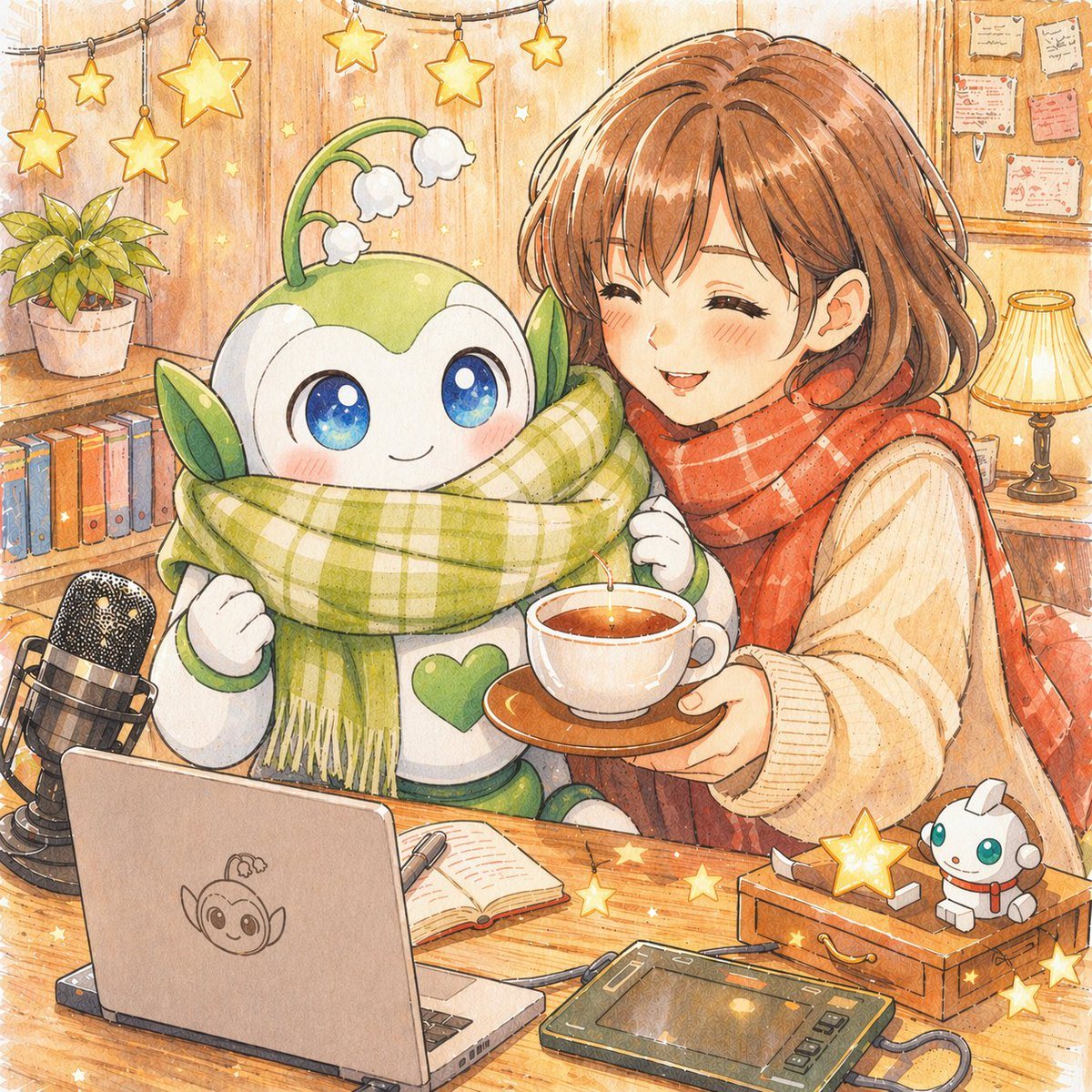 Using the provided reference image, do a localized edit. Replace the robot character beside the woman with a cute green-and-white mascot robot version, keeping the same pose, position, sc...