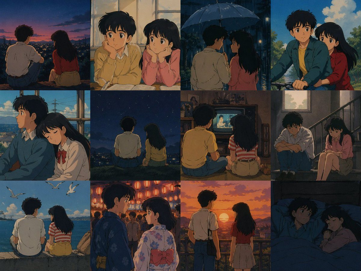 Create a 4x3 borderless grid where each panel is an independent image of same characters, maintaining consistent color and lighting, depicting nostalgic old memories with 80's anime style...