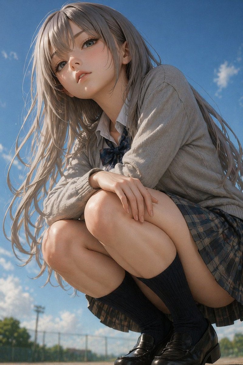 Generates a highly detailed, 2.5D style portrait of a girl in a school uniform crouching outdoors against a sky background.
