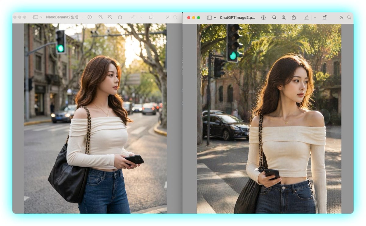 A side-by-side desktop screenshot comparing two nearly identical AI-generated street portraits in separate macOS-style image viewer windows against a light cyan background. The layout has...