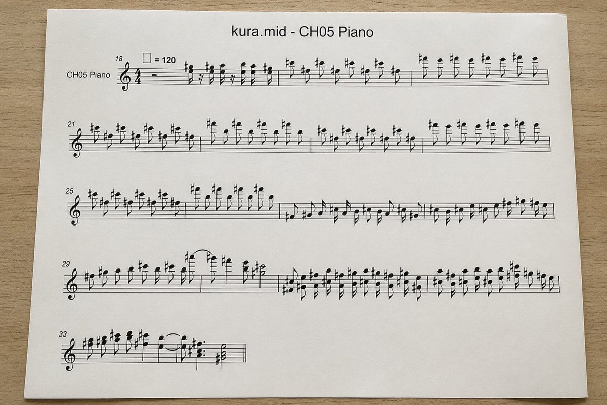 A top-down realistic photograph of a single white sheet of printer paper placed on a light wood desk, showing a computer-generated music score. The page is centered horizontally with slig...