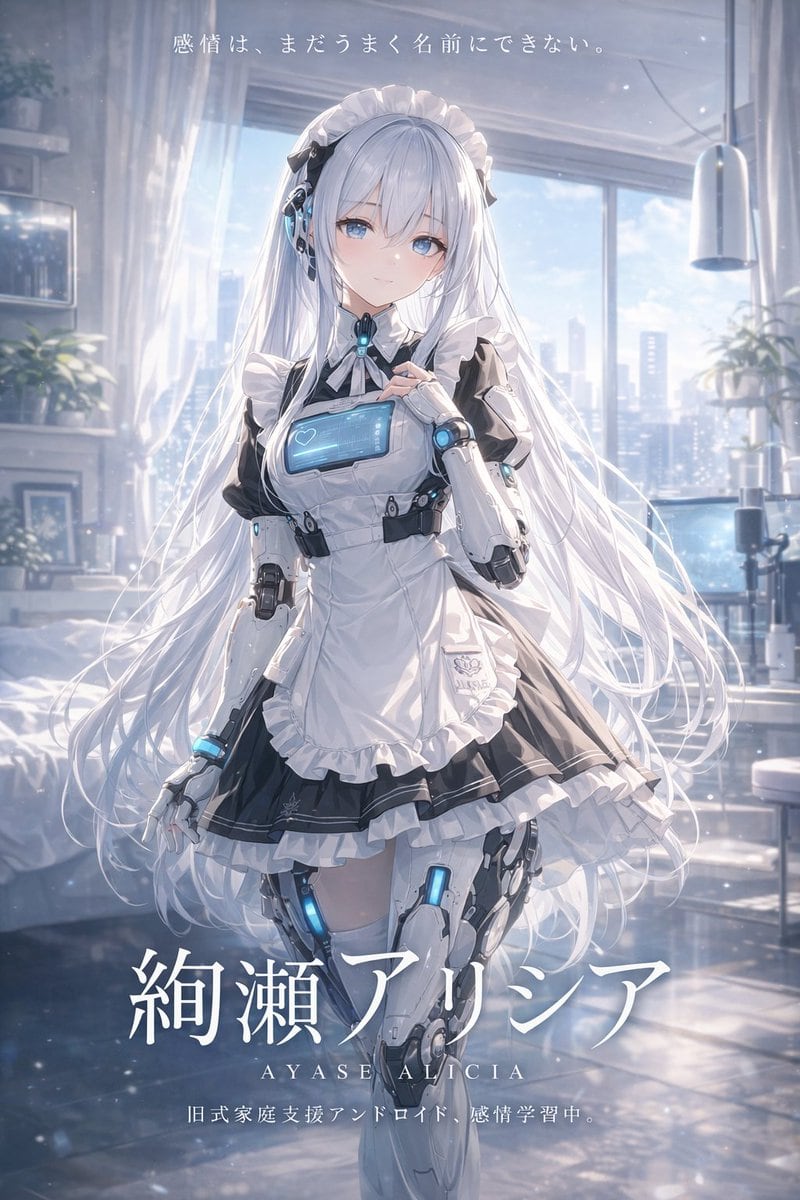 A high-quality anime-style illustration of a beautiful female android maid with long white hair and striking blue eyes. She wears a highly detailed black and white frilly maid outfit inte...
