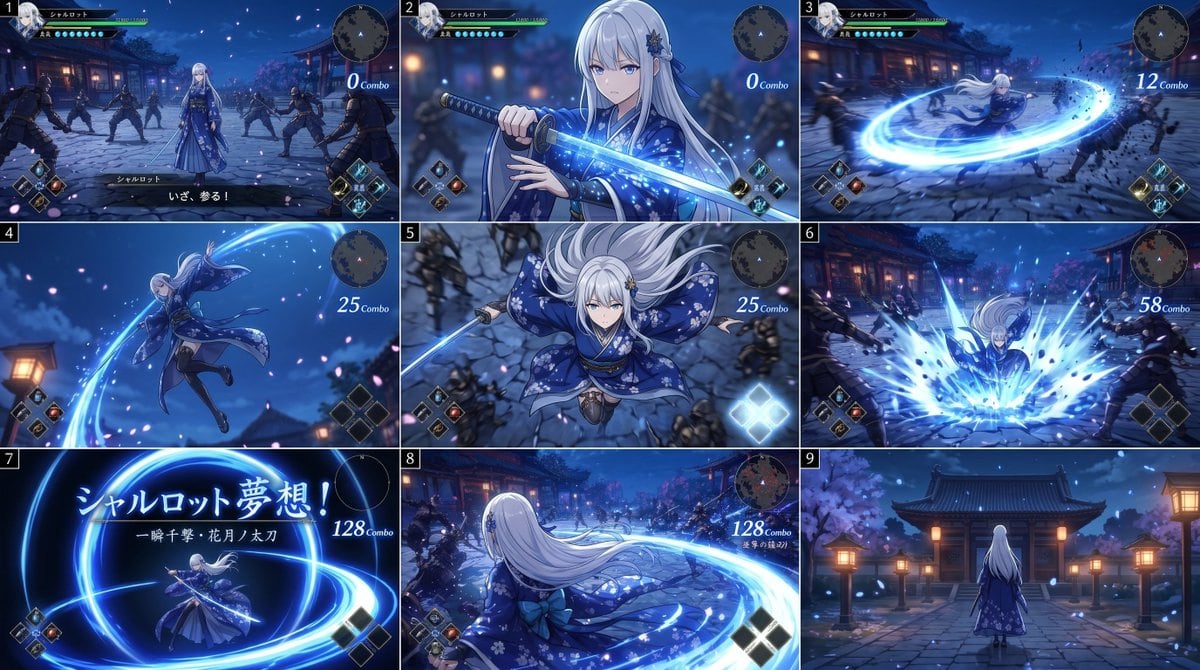 Ready-to-edit anime action game storyboard sheet image prompt.