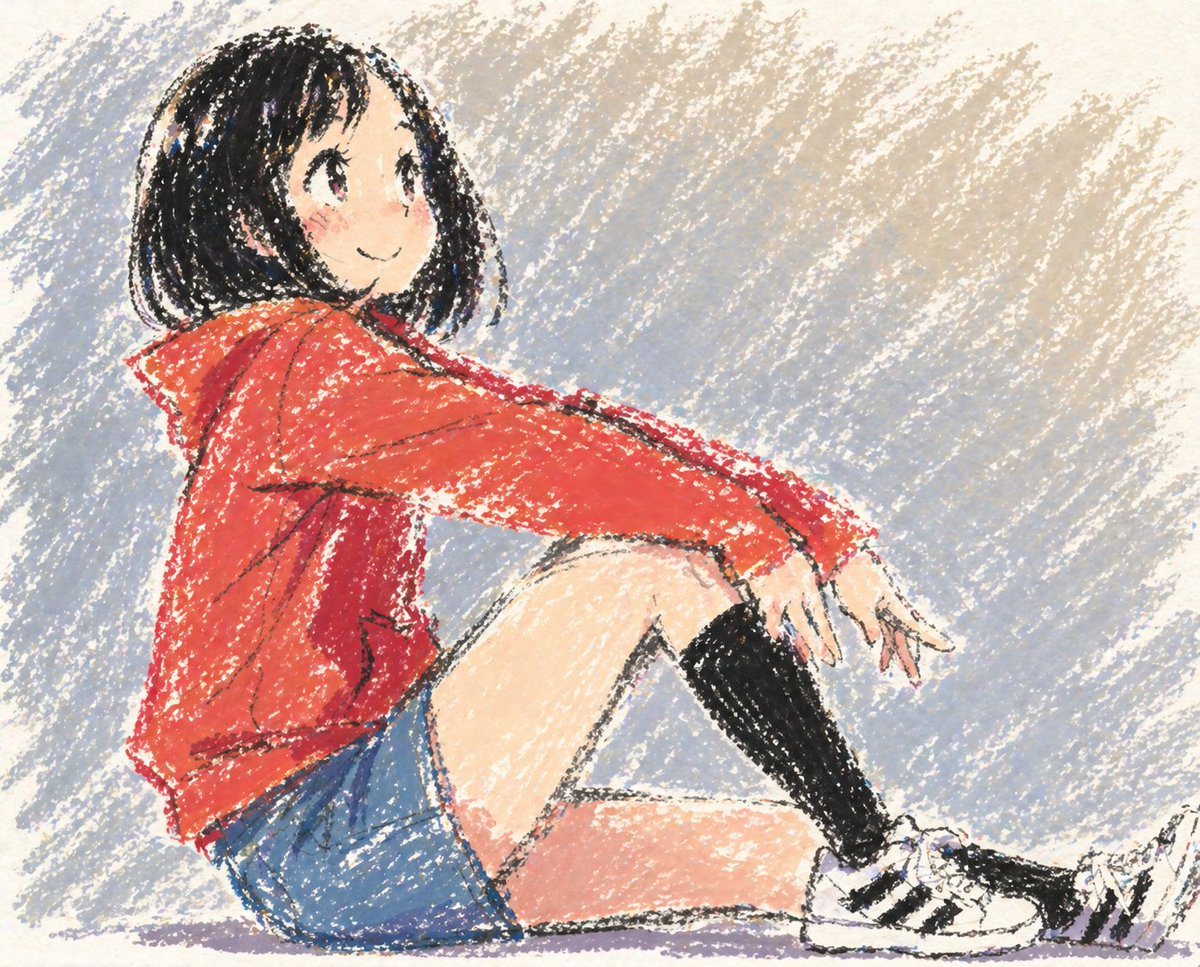 This prompt generates a single full-body anime girl illustration with a soft, sketchy oil pastel crayon look, ideal for charming social posts, avatars, or stylized character art.